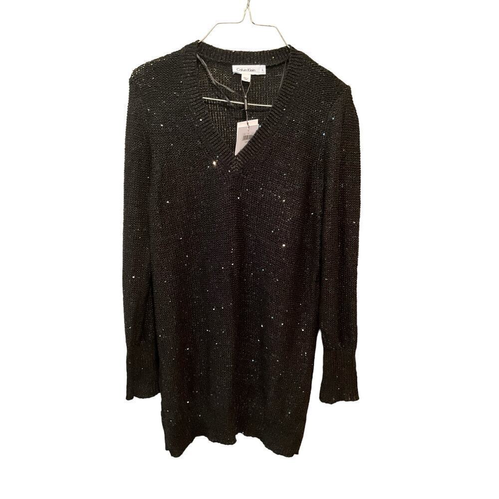Calvin‎ Klein Tunic Blouse Sweater Women's Large Black Polyester Knit Beaded